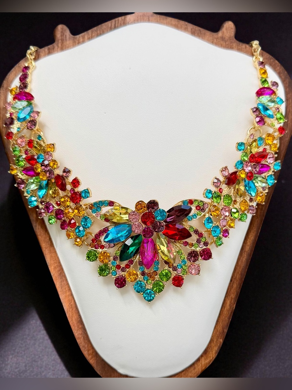 Colorful Crystal Bib Necklace Gold Tone Rainbow Statement Jewelry Wedding Gala